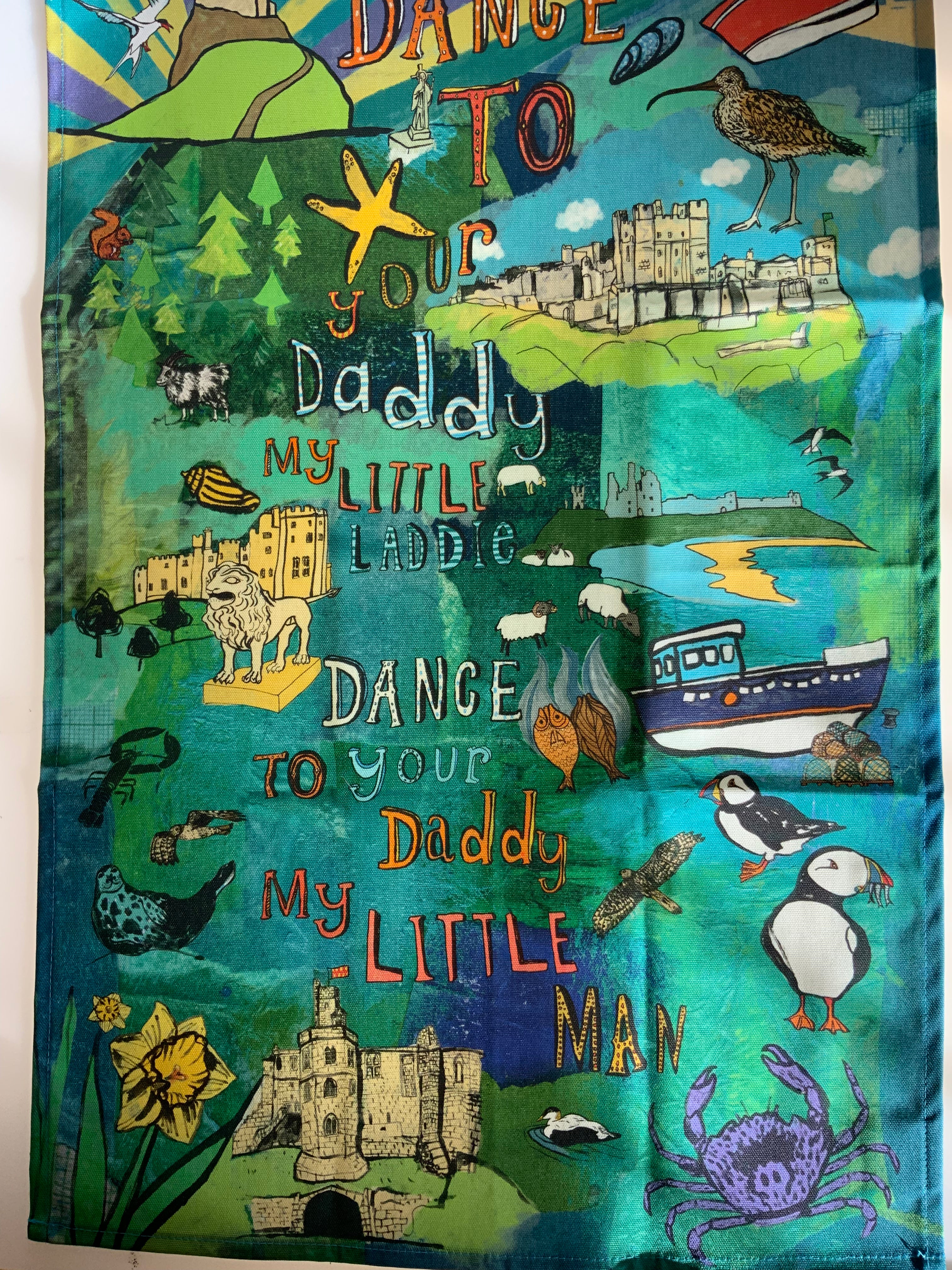 Northumberland  'Dance to Your Daddy' Coast and Castles Tea Towel. 100% Cotton Tea Towel